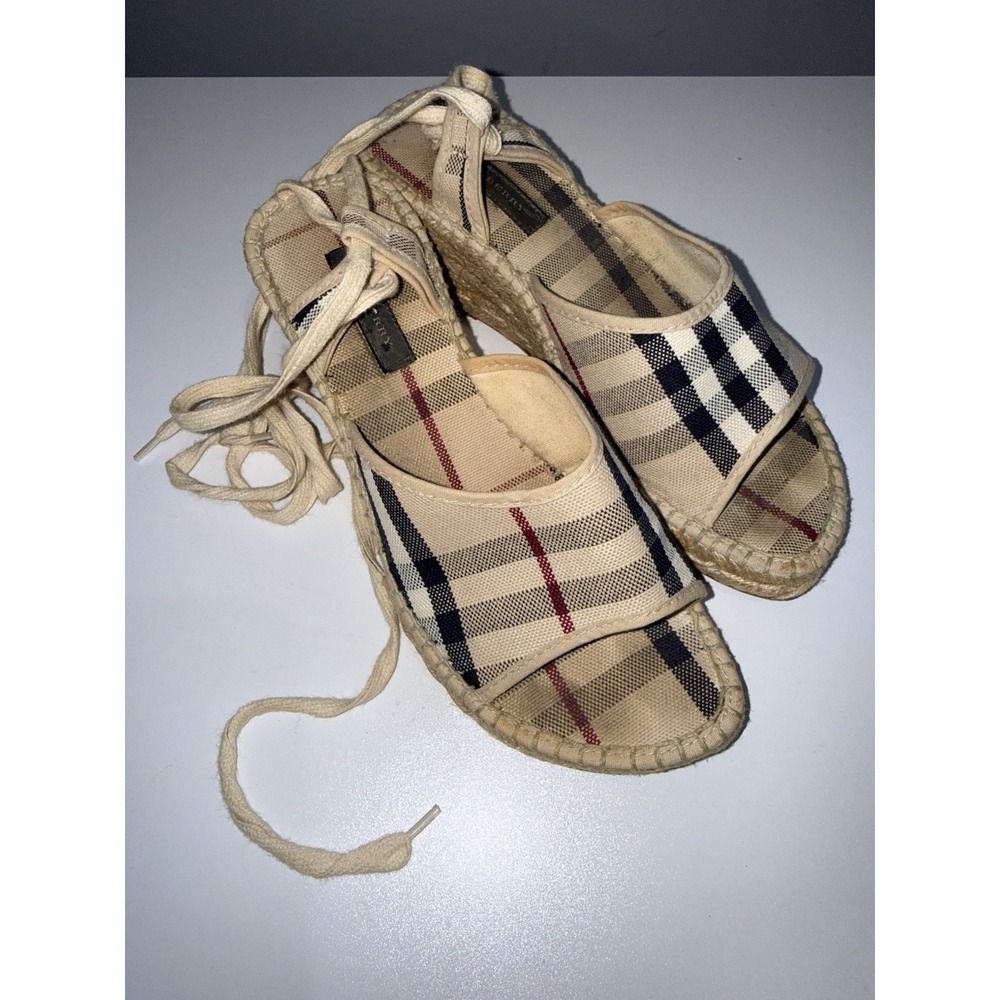 Burberry Beige Nova Check Canvas Strappy Espadrille Wedge Sandals Size 36 Sz 6 S